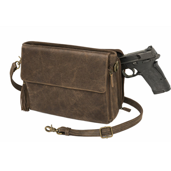 Brown distressed buffalo leather concealed carry clutch purse with magnetic flap