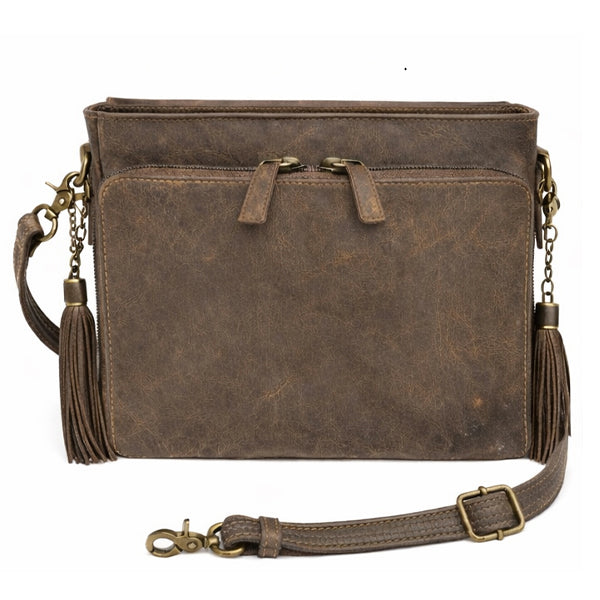 back image of Zippered concealed carry compartment inside distressed caramel leather clutch purse